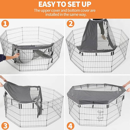 PJYuCien Dog Playpen Mesh Top Cover,Fits 24 Inch 8 Panels Metal Exercise Pet Pen, Elastic Buckles Connections, Grey(Note: Only Cover, Fence Not Included)