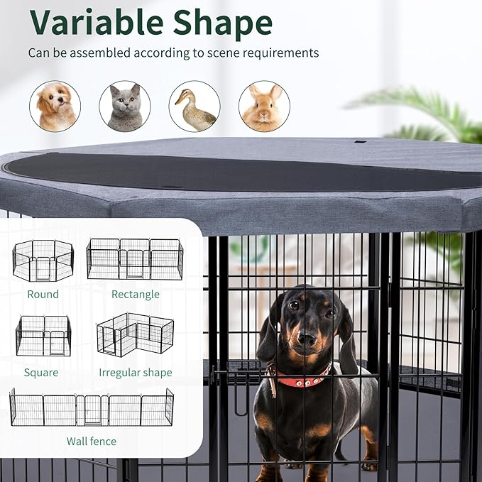 PETIME Dog Playpen,Metal Exercise Puppy Pen Heavy Duty Kennels Yard Fence Indoor/Outdoor 22" W x 24" H 8 Panels Dog Cage with Octagon Top Cover and Bottom Pad