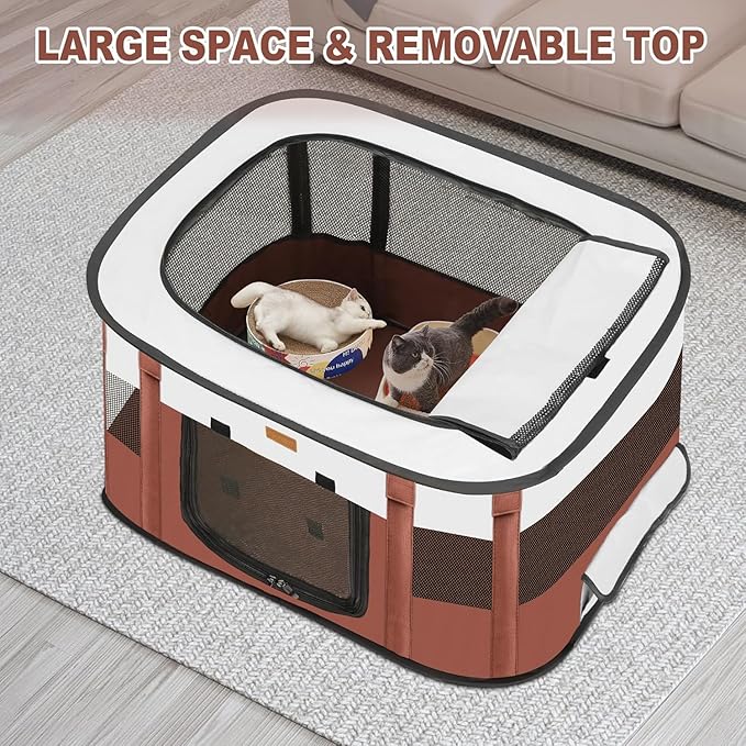 Dog Playpen - Foldable Cat Play Pens for Pubby,Kitten, Rabbit,Portable Pet Tent with Carring Bag for Indoor/Outdoor Travel Camping (Brown-Large)