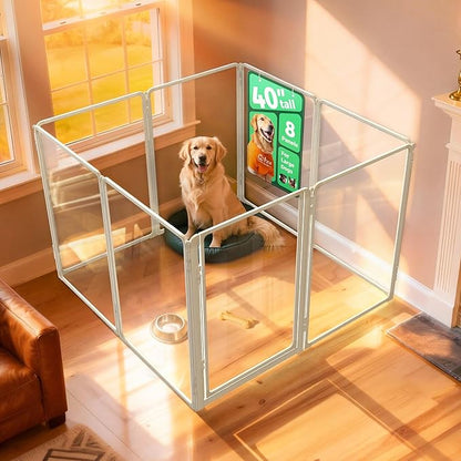 FXW AuraSpace Pro Acrylic Indoor Dog Playpen, Heavy-Duty with Metal Frame, 40" Height 8 Panels for Medium and Large Dogs, White│Patented