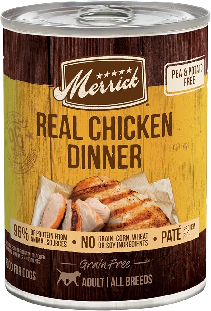 Merrick Grain Free Premium and Natural Canned Dog Food,Soft and Healthy Wet Recipe,Real Chicken Dinner - 12.7 oz. Cans,(Pack of 24)