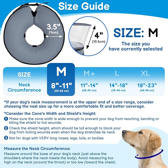 BARKLESS Donut Cone for Medium Dogs, Protective Collar After Surgery to Stop Licking, Patented Blow up Dog Surgery Collar with Transparent Shield, Inflatable Pillow Cone