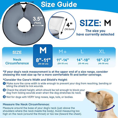 BARKLESS Donut Cone for Medium Dogs, Protective Collar After Surgery to Stop Licking, Patented Blow up Dog Surgery Collar with Transparent Shield, Inflatable Pillow Cone