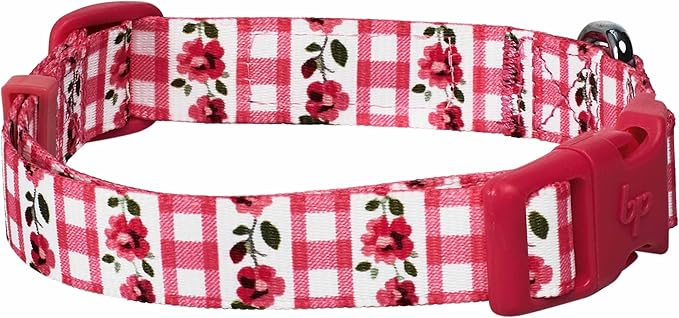 Blueberry Pet Spring Scent Inspired Dainty Flower Dog Collar, Pink Check, Adjustable Dog Collar for Medium Dogs, Size Medium, Neck 14.5-20"