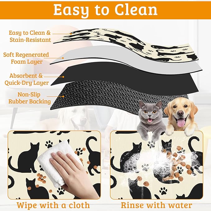 Pet Feeding Mat,Cat Silhouette Absorbent Dog Cat Food Mat Dog Mat with Rubber Backing,Non-Slip Water Bowl Placemat,Pet Supplies 12" x 20"