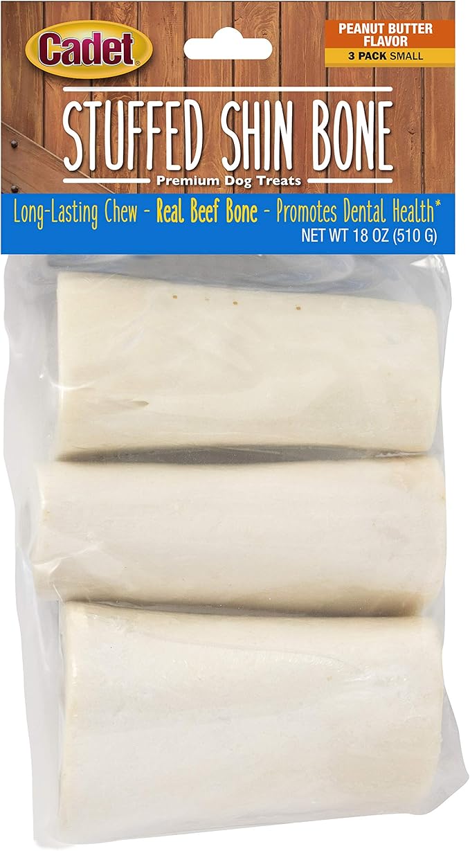 Cadet Stuffed Shin Bone, Long-Lasting Dog Chew Bones for Aggressive Chewers, High Protein Filled Bone Dental Chew for Dogs, Peanut Butter Flavor Filling, 3-4" for Small Dogs, 3 Pack