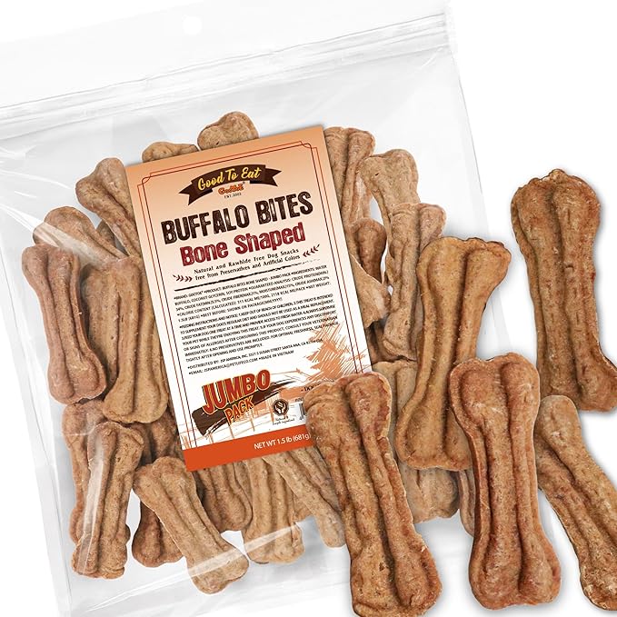 Gootoe Buffalo Dog Treats, Natural Low-Fat Chews for Training & Rewards, Limited Ingredient, Puppy Treats for Small Dogs & Puppies, Resealable Bag, Buffalo Bites Bone Shaped, 1.5 lb