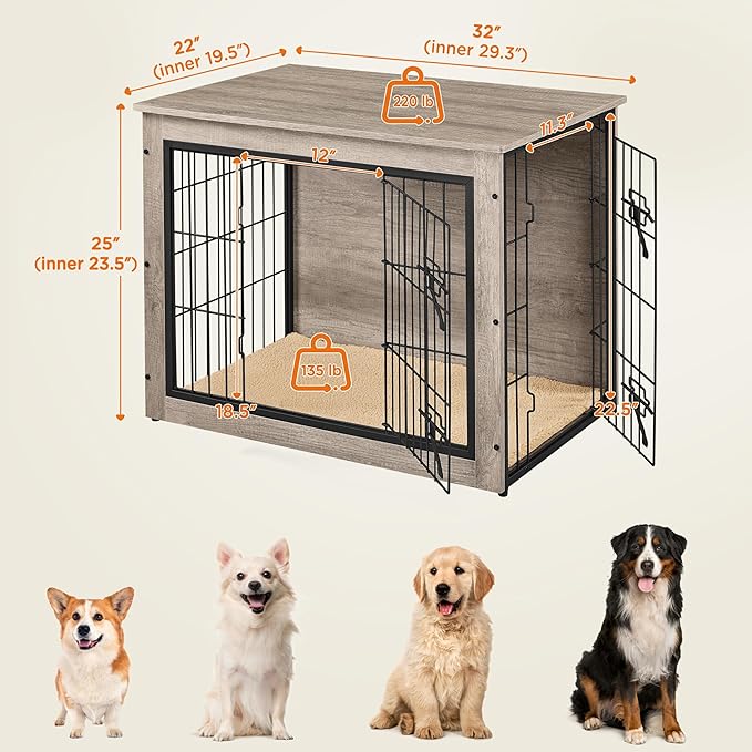 Yaheetech 32'' Dog Crate Furniture, Side End Table w/Cushion, Double Doors, Adjustable Feet, Wooden Kennel Cage for Small/Medium Dogs, Indoor Outdoor