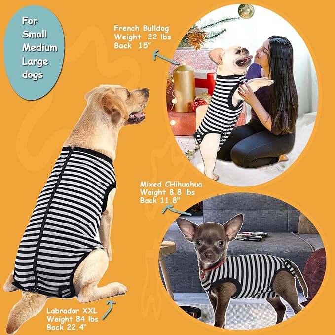 Dog Recovery Medium Suit,for Female Male Surgery,Spay,Neuter Recovery Shirt,Zipper Closure Cotton Striped Wounds Protect Suit,Black Striped M