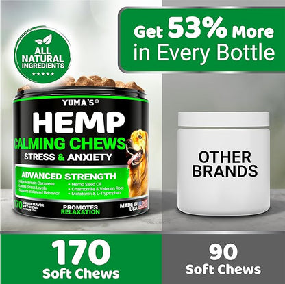 Hemp Calming Chews for Dogs - Advanced Dog Calming Chews - 170 Chews - Anxiety Relief Treats - Separation Aid, Barking, Stress Relief, Thunderstorms - Melatonin - Hemp Oil - Made in USA