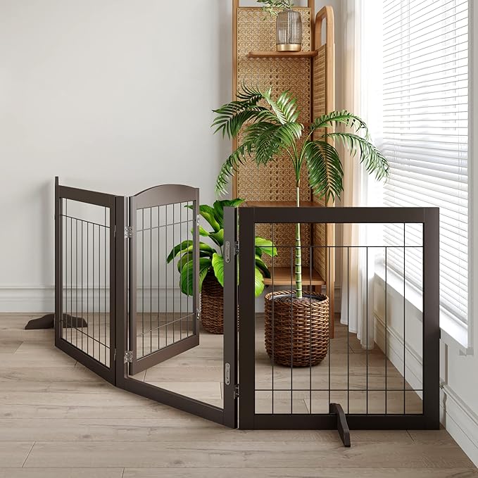 Vantas Folding Pet Gate 96" Wide, 30" Tall No-Assembly Wooden Dog Gate with Door Walk Through, Freestanding Wire Pet Puppy Safety Fence, with 2PCS Support – Espresso