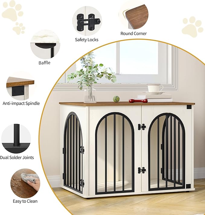 Hzuaneri 31.5'' Wooden Dog Crate Furniture, Indoor Dog Kennel Dogs Cage for Small/Medium Dogs, Heavy Duty Dog Crates Decorative Pet House End Side Table TV Stand, White Brown DFC85114B