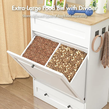 Elevated Dog Feeding Station with Storage Cabinet, 5.3" Pull-Out Hidden Bowls, Dog Food Organizer for Medium Large Dogs with Slow Feeder, Stainless Steel Bowls & Side Hooks (White)