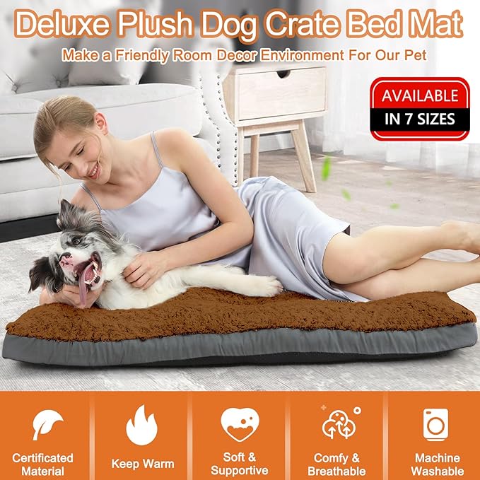 POCBLUE XL Dog Beds, Large Pet Bed for Crate, Washable Plush Dog Mat for Cages, Non-Slip Crate Pad for Outdoor/Indoor/Car Use, Comfy & Soft Kennel Pad for Dogs Up to 90 lbs, 41"x27", Brown