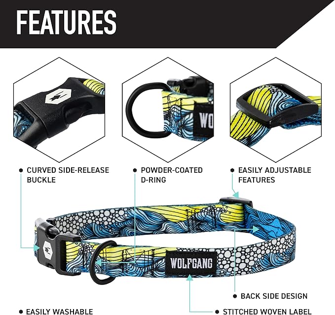Wolfgang Heavy Duty Martingale Dog Collar with Quick Release Nylon Buckle for Walking & Training, DawnPatrol Print, Medium