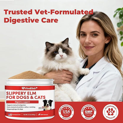 Slippery Elm for Dogs – Megaesophagus Dog Aid – Vet-Formulated Organic Slippery Elm Bark Powder – Cat Digestive Support – Relief for Constant Upset Stomach, Acid Reflux, Throwing Up – 5.3 oz