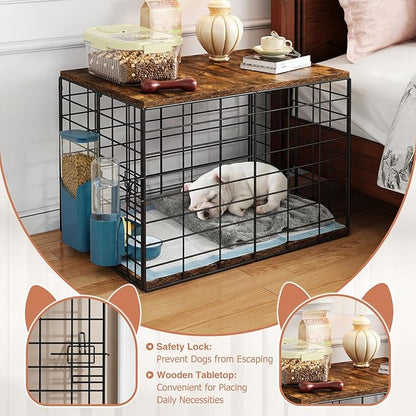 24 Inch Small Dog Crate Furniture - All-Season Indoor Dog Kennel with Wooden Top & Thickened Metal Wire, Cage for Small Dogs & Puppies Under 20 lbs. Fits Living Room, Bedroom, Hallway.