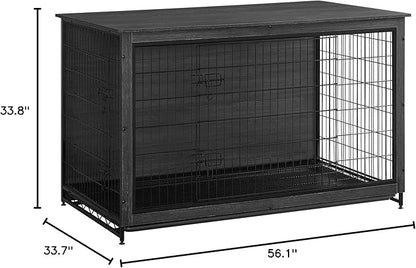 Feandrea 56.1" Dog Crate Furniture, Indoor Dog Cage Side End Table, XXL Pet Wood Kennel for Large and Medium Dogs up to 105 lb with Multi-Purpose Removable Tray, Double-Door Pet House, Ink Black