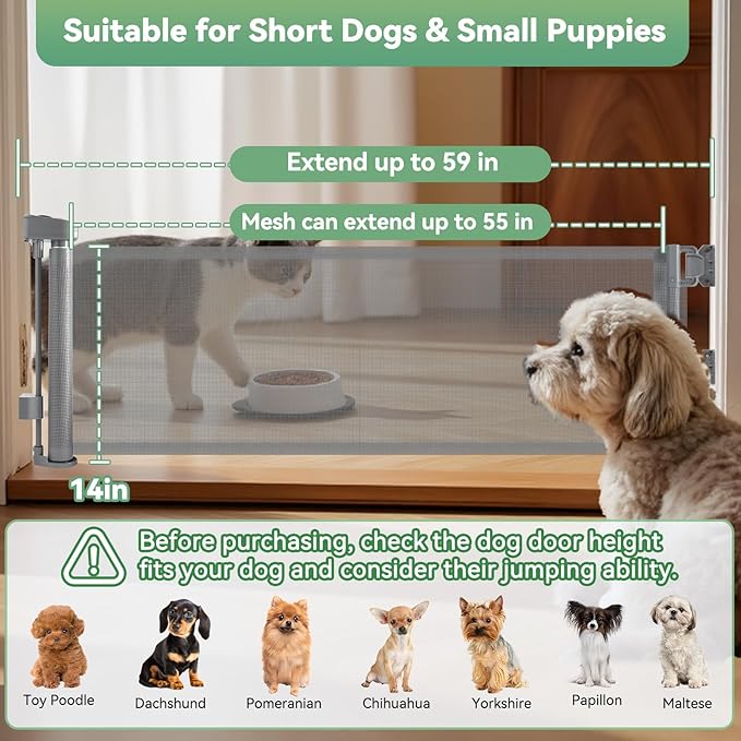 14" Tall Short Dog Gate to Step Over, Retractable Mesh Pet Door for Small Puppy, Extended up to 55" Wide for Indoor Stairs Doorways and Hallway - Grey