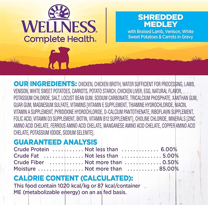 Wellness Petite Entrees Shredded Medley Small Breed Adult Wet Dog Food, Grain Free, Natural, Braised Lamb, Venison, White Sweet Potato, and Carrots, 3 oz, Pack of 12 Cups