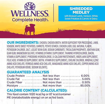 Wellness Petite Entrees Shredded Medley Small Breed Adult Wet Dog Food, Grain Free, Natural, Braised Lamb, Venison, White Sweet Potato, and Carrots, 3 oz, Pack of 12 Cups