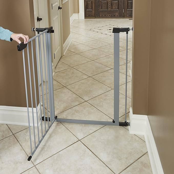 MidWest Homes for Pets 39-Inch High Walk-thru Pressure Mounted Gray Steel Dog Gate, Expands to 38 Inches Wide, No Damage to Walls, Includes 3-inch Extensions, For Small to Medium Pets