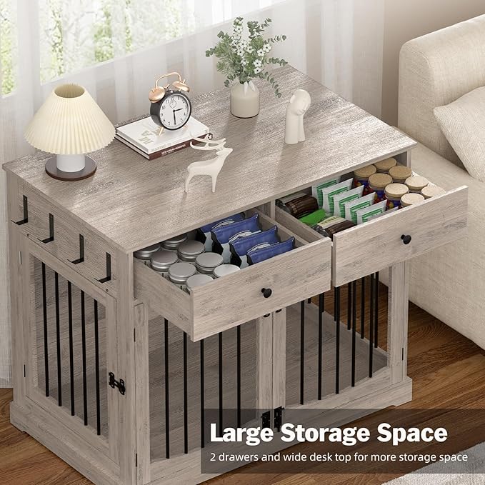 Kucreiheat 40'' Wooden Dog Crate Furniture–Farmhouse Dog Kenel-Multi Purpose Pet House with Double Doors, 2 Drawers, for Small, Medium & Large Dogs–Rustic Grey Finish