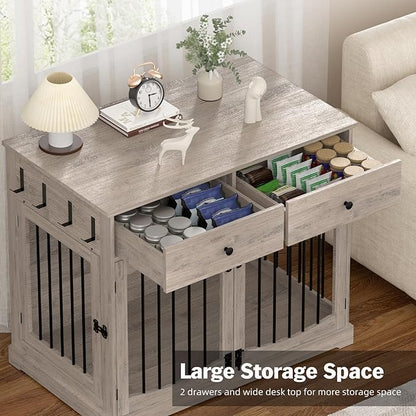 Kucreiheat 40'' Wooden Dog Crate Furniture–Farmhouse Dog Kenel-Multi Purpose Pet House with Double Doors, 2 Drawers, for Small, Medium & Large Dogs–Rustic Grey Finish