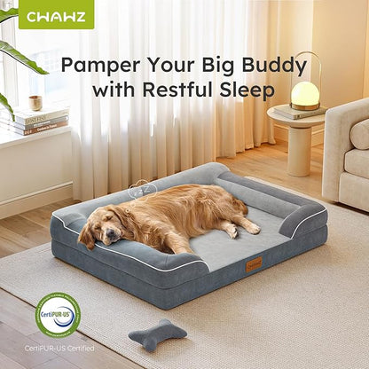 Extra Large Dog Bed, Orthopedic XL Dog Bed with Cooling Gel Memory Foam, Waterproof Pet Bed with Removable Washable Cover, 42" Pet Sofa Couch Dutch Velvet with Bone Toy, Dark Gray