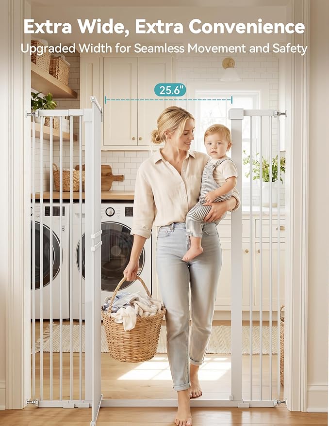No Pawblems 55" Extra Tall Pet Gate for Cat/Dog, 31.5-48" Wide Auto Close Tall Cat Gate with 25.6" Wide Walk-Thru Door Opening, 1.37" Ultra Narrow Spacing, NO Drilling Pressure Mounted, White