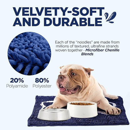 Soggy Doggy Slopmat Dog Food Mat – Absorbent Microfiber Chenille Pet Feeding Mat for Food & Water Bowls, Muddy Paws Small Doormat, Non-Slip, Machine Washable Rug – Navy Blue/Oatmeal Bone, 18” x 24”