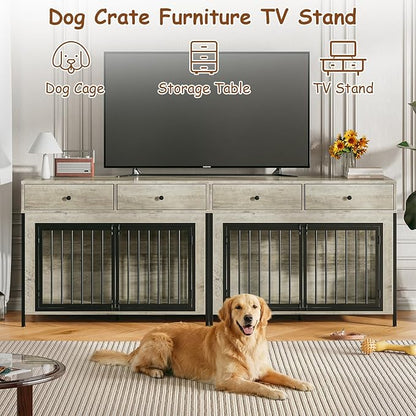 PUKAMI 44inch Large Dog Crate Furniture with Drawers, Wooden Dog Kennel Furniture for Indoor use, Grey End Table Dog House, for Small/Medium/Large Dog, 2-Pack Set