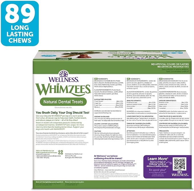 Wellness WHIMZEES Value Pack Dog Dental Treat, Chews, Freshens Breath, Small Size, 47.1 oz Box, 89 Count