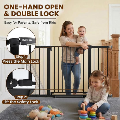 Mumeasy 29.7-57" Extra Wide Baby Gate for Doorways, Auto Close Dog Gate Indoor for Stairs, No-Drill Pressure Mounted Pet Gate with Door, Easy Walk Thru Long&Large Safety Gate for House, Outdoor, Black