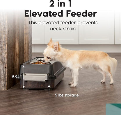 IRIS USA 2-in-1 Elevated Dog Bowls 6" H with Airtight Pet Food Storage Container Holds Up to 5 Lbs, Removable 4 Thick 16 oz Stainless Steel Bowls, at Home or Camping Pet Dish Bowl Set, Smoke/Black