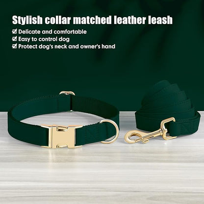 PET ARTIST Soft PU Leather Dog Collar and Leash Set, Bright & Stylish 5FT PU Leather Leash and Collar Set, Durable Pet Collars with Quick Release Metal Buckle for Medium Dogs,Christmas Green,M(13-19")