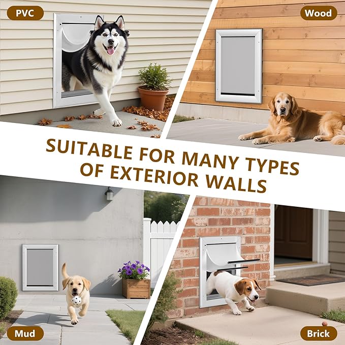 Ownpets Aluminum Dog Door for Wall and Door, Double Flap Energy Efficient, Telescoping Tunnel and Lock Panel, Heavy Duty Doggy Door for Dogs Up to 40lbs, Medium