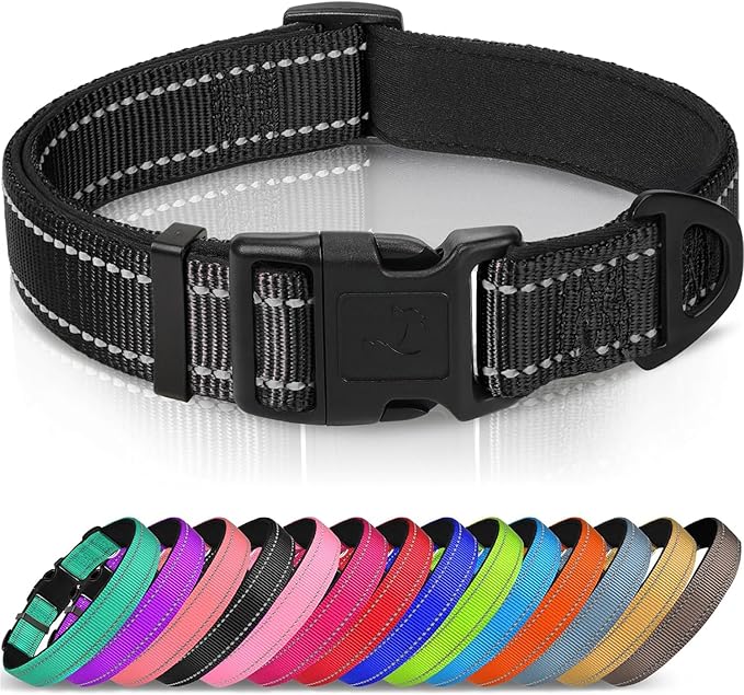 Joytale Reflective Dog Collar, Soft Neoprene Padded, Metal D-Ring, Nylon Pet Collar Adjustable for Medium Dogs, Black, M