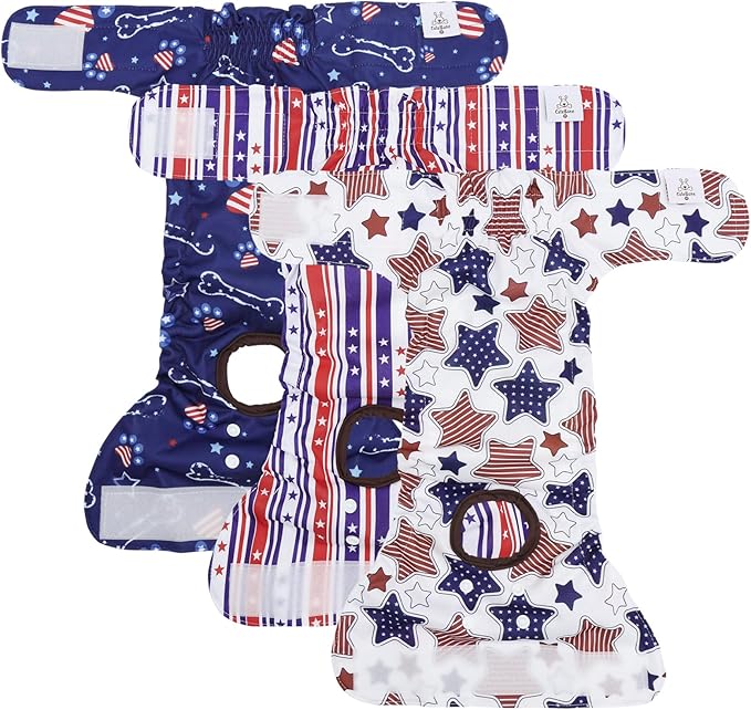 CuteBone Dog Diapers Female Washable Small Medium Large 3 Pack Reusable Doggie Diapers 4th of July Puppy Period Pants for Doggy Heat Cycle Peeing