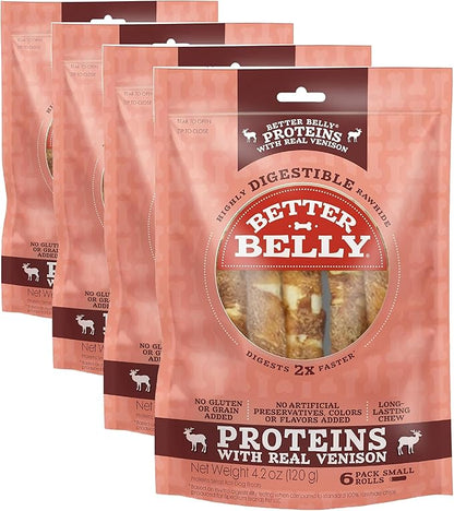 Better Belly Proteins with Real Venison Small Rolls 6 Count, Digestible Rawhide for Dogs, 4.2 OZ (Pack of 4)
