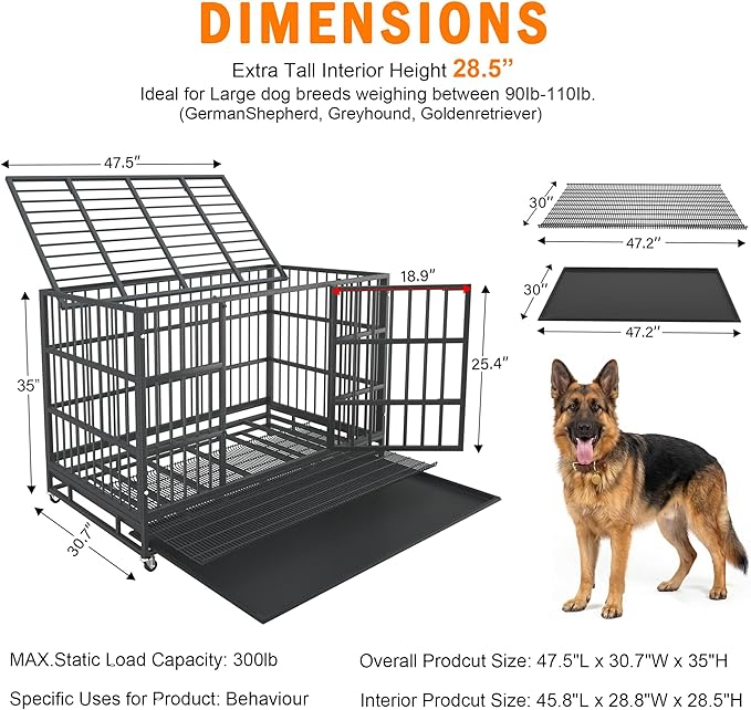 BOLDBONE 48 inch Heavy Duty Indestructible and Escape-Proof Dog Crate Cage Kennel for Large Dogs, High Anxiety Dog Crate with Removable Wire Trays and Wheels, Extra Large XL XXL, Black