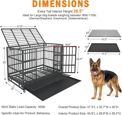 BOLDBONE 48 inch Heavy Duty Indestructible and Escape-Proof Dog Crate Cage Kennel for Large Dogs, High Anxiety Dog Crate with Removable Wire Trays and Wheels, Extra Large XL XXL, Black