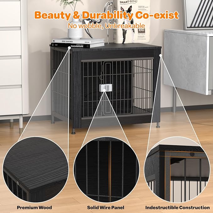 Dog Crate Furniture, Wooden Dog Crate 27in, Decorative Cage with End Table for Dog Indoor Kennel, High Anxiety Dog, Escape-Proof Locks for All Breeds