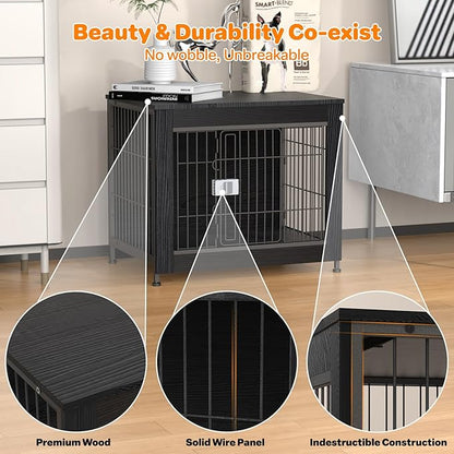 Dog Crate Furniture, Wooden Dog Crate 27in, Decorative Cage with End Table for Dog Indoor Kennel, High Anxiety Dog, Escape-Proof Locks for All Breeds