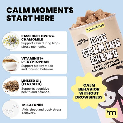MalsiPree Calming Chews for Dogs, Freeze-Dried Chicken Treats with Passion Flower & Melatonin, Promotes Calm Behavior During Travel, Fireworks, and Loud Noises, Everyday Relaxation Support, 145 Count
