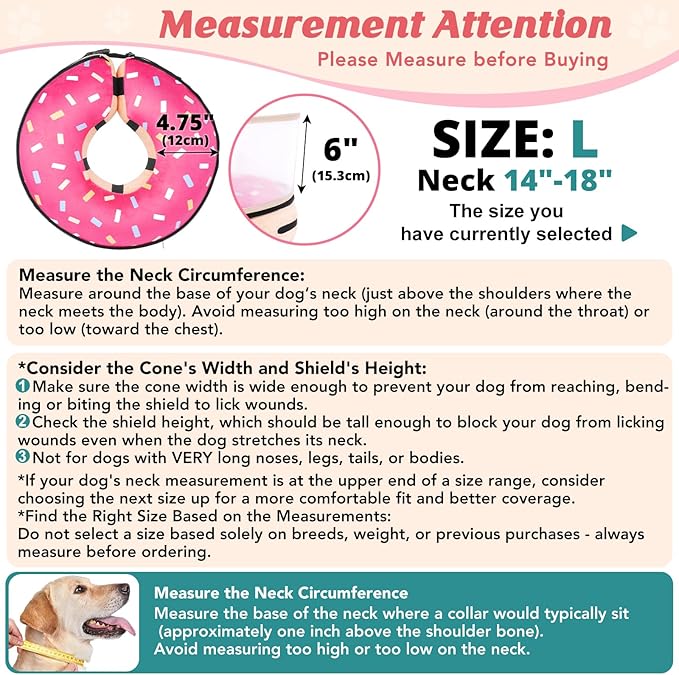 Inflatable Dog Cone with Anti-Licking Clear Shield, Protective Dog Donut Collar After Surgery, Adjustable Soft Recovery Cone for Pets, Alternative Collar with Buckle Strap (Pink, L)