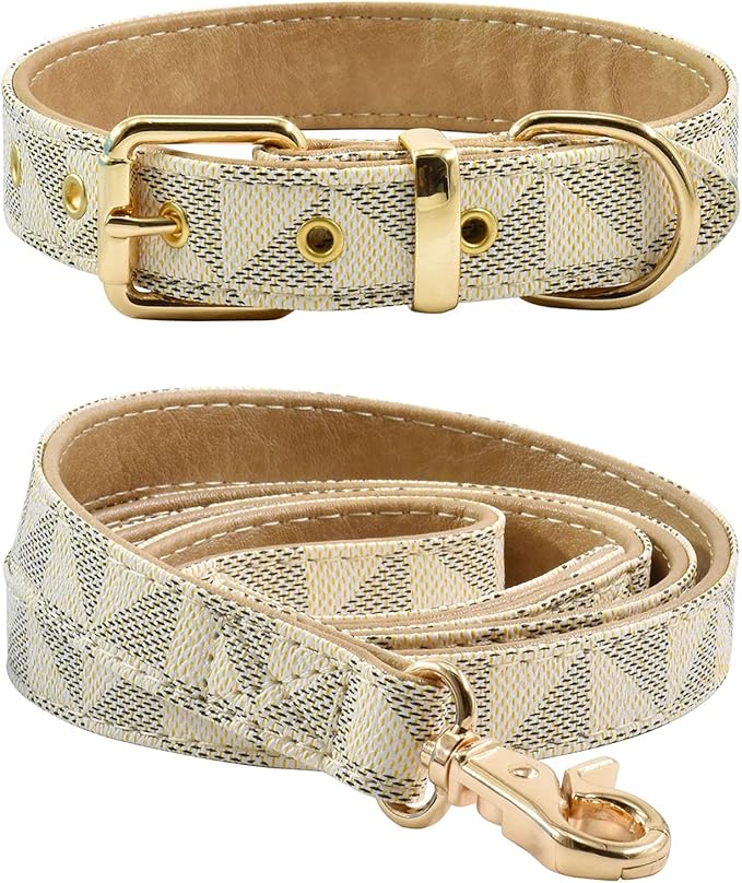 Leather Dog Collar and Leash Set, Check Pattern Dog Collar Leashes Metal Buckle Adjustable Durable for Small Medium Large Dogs (White, M(11.8-15IN))