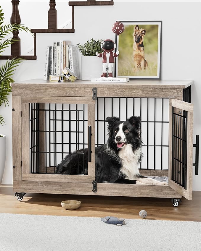 Dog Crate Furniture with Cushion, Large Wooden Dog Kennel Indoor with Double Doors, Dog Cage with Wheels, Dog House Side End Table for Large Medium Dogs up to 70 lb, 38.5” L, Grey