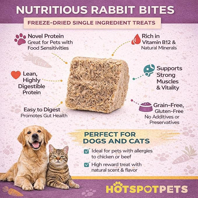 hotspot pets Freeze Dried Rabbit Treats for Dogs & Cats, USA Made - 1LB Bag 600+ Pcs, Single Ingredient Rabbit Bites - High Protein, Training Reward & Food Topper - Grain Free, Low Calorie Snack