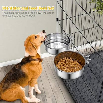 2 Pcs Medium Dog Food Water Bowl for Cage with Upgraded Clamp Holder, Pet Kennel Hanging Bowls Stainless Steel Detectable Bowls Crate Feeder Dish for Medium Dogs (6.3x2.7'' & 5.5x2.3'')